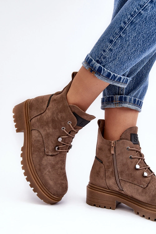 Niskie Botki Damskie Ocieplane Na Suwak Ciemnobeżowe Cameronia