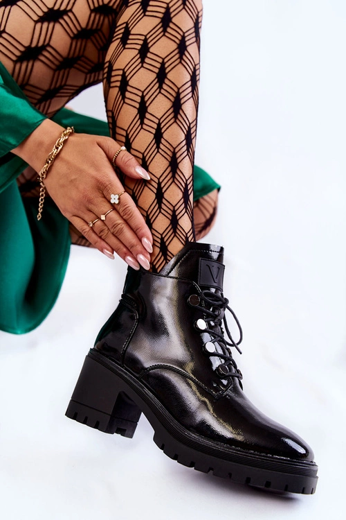 Lakierowane Ocieplane Botki Sznurowane Czarne Ragnhild