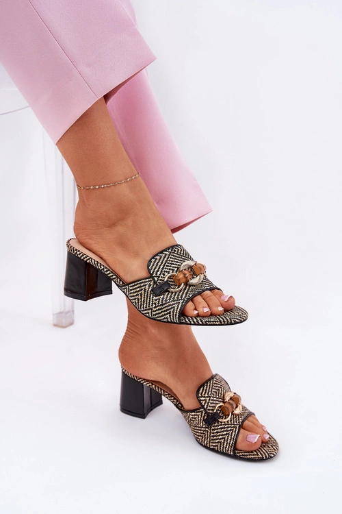 Klapki Damskie Na Obcasie Z Ozdobą Czarne Ovittole