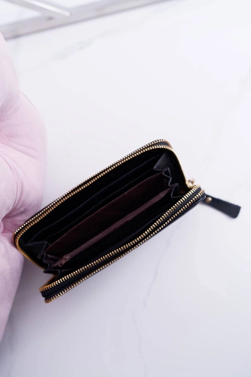 Portfel Damski Duży Czarny Złoty Ozdobny Suwak