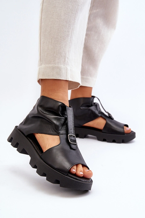 Zazoo 999 Skórzane Sandały Damskie Z Zamkiem Czarne