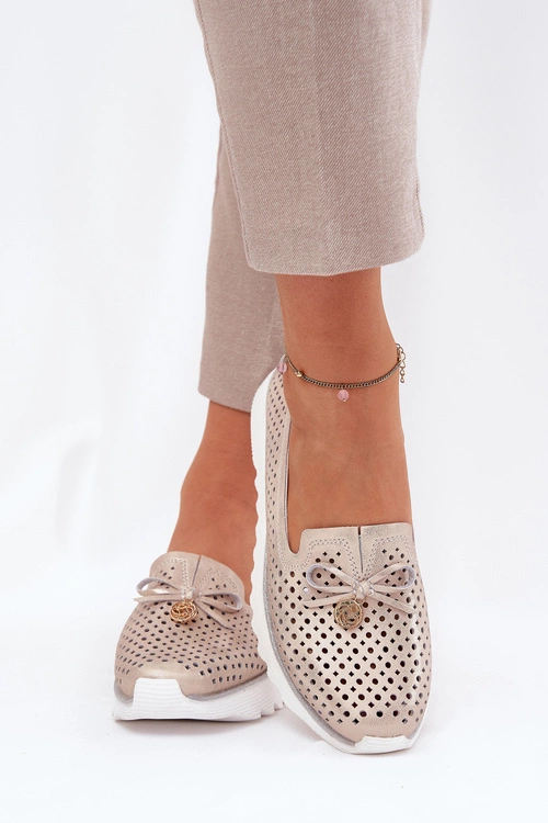 Skórzane Ażurowe Półbuty Damskie Z Naturalnej Skóry D&A LR51-631 Złote