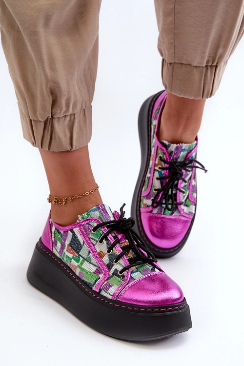 Półbuty Sneakersy Skórzane Damskie Na Platformie Maciejka 06479-15 Fuksja