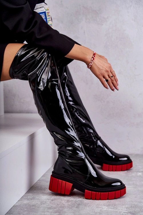 Lakierowane Damskie Kozaki Za Kolano Czarne Callen