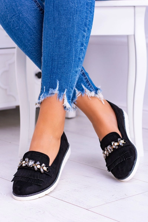 Czarne Zamszowe Mokasyny z Kryształami Vivaro