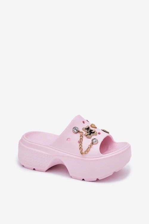 Piankowe Klapki Damskie Na Masywnej Platformie Ze Złotymi Przypinkami Różowe Ivoriel