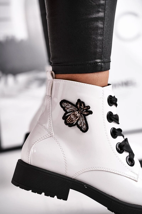 Botki Damskie Płaski Obcas Glany Lakierowane Białe Sergio Leone BT530