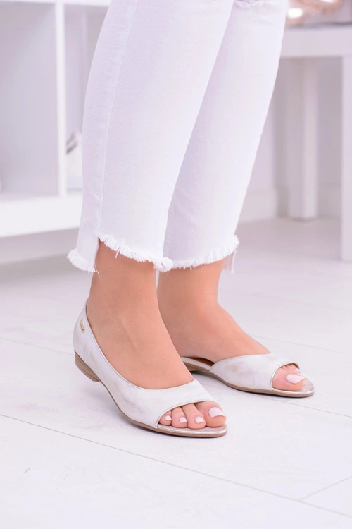 Skórzane Beżowe Baleriny Maciejka Peep Toe Verma