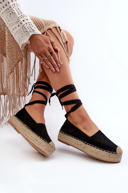 Espadryle Damskie Wiązane Na Platformie Z Plecionką Czarne Tailesse