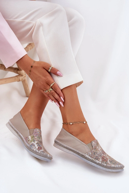 Wzorzyste Skórzane Baleriny Maciejka T3512-73 Beżowe