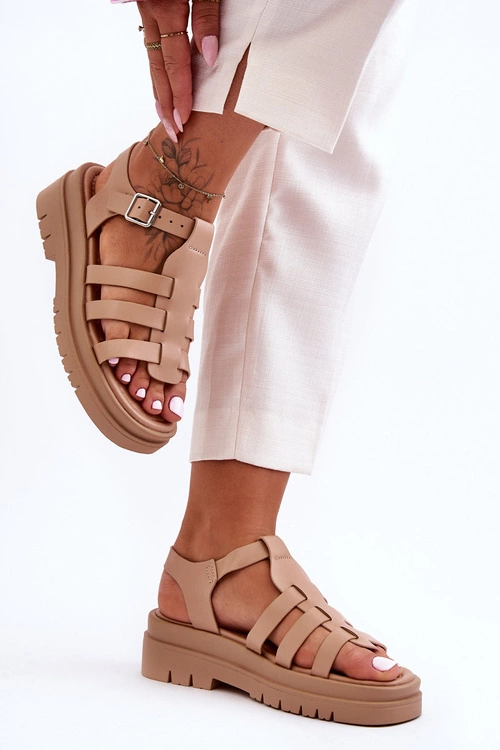 Skórzane Płaskie Sandały Z Paseczkami Beżowe Diosa