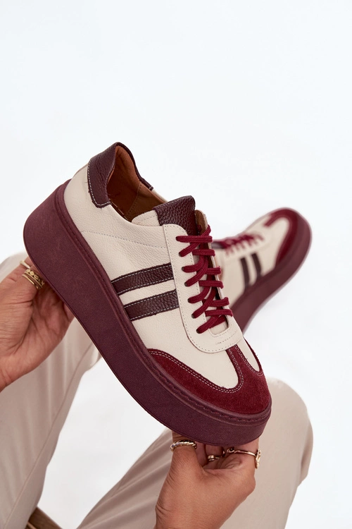 Skórzane Sneakersy Damskie Na Platformie Zazoo 3775 Beżowo-Bordowe