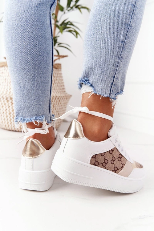 Sportowe Buty Sneakersy Na Platformie Biało-Złote Allisone