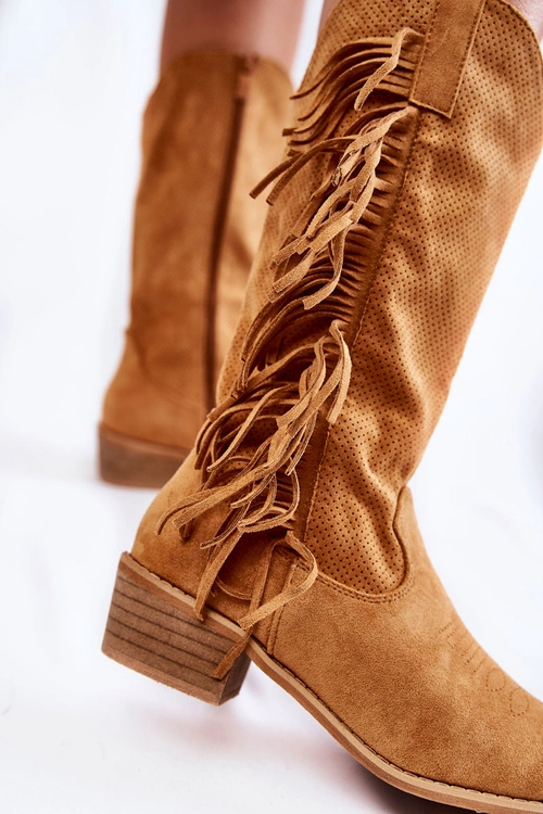 Damskie Kozaki Kowbojki Zamszowe Z Frędzlami Camel Haddy