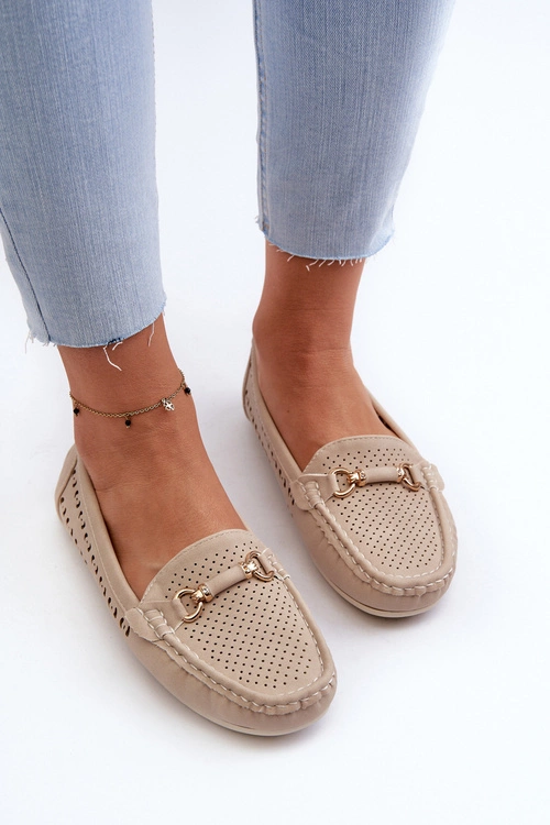 Mokasyny Damskie Ażurowe Z Ozdobą Beżowe Kaydance