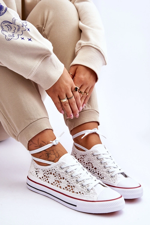 Damskie Koronkowe Materiałowe Trampki Białe Fergo