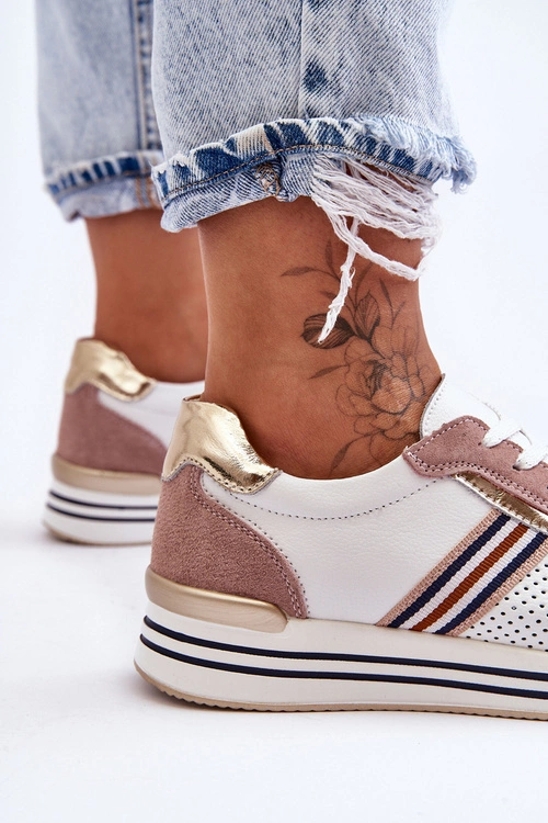 Skórzane Buty Sportowe S.Barski AL21575 Biało-Różowe