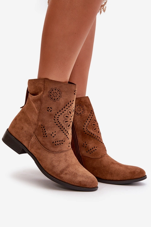 Ażurowe Damskie Niskie Botki Zapinane Na Zamek Brązowe Irinette