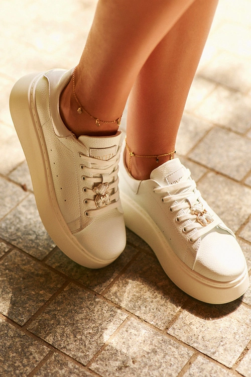 Damskie Skórzane Sneakersy Na Platformie Z Misiem Białe Vinceza 66641