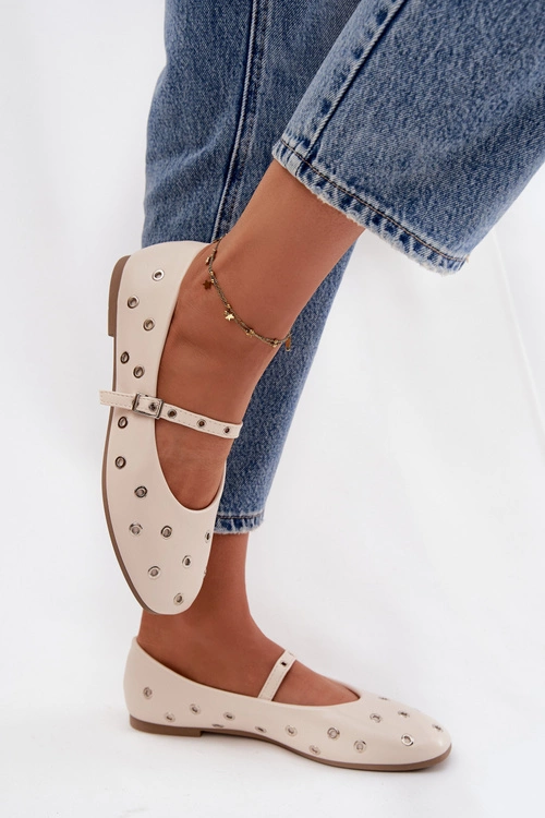 Baleriny Damskie Ze Srebrnymi Elementami Beżowe Marivon