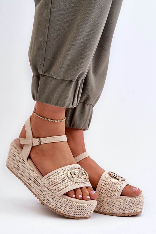 Sandały Damskie Na Koturnie Z Plecionką Beżowe Esalena