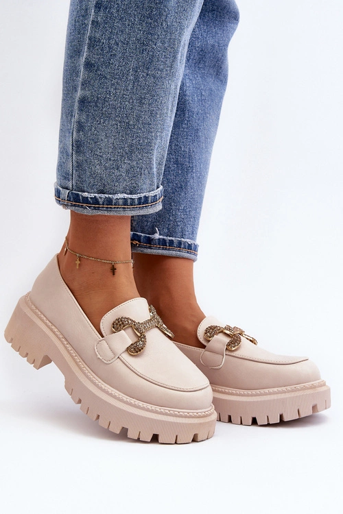 Mokasyny Damskie Z Ozdobą Jasnobeżowe Gargi