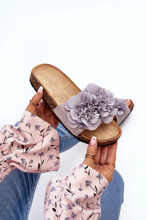 Damskie Klapki Z Kwiatami Szare Lulania