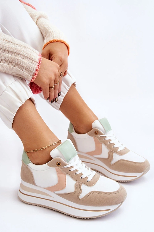 Damskie Buty Sportowe Na Koturnie Biało-Beżowe Neva