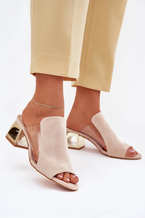 Klapki Damskie Na Złotym Słupku Jasnobeżowe Tessira