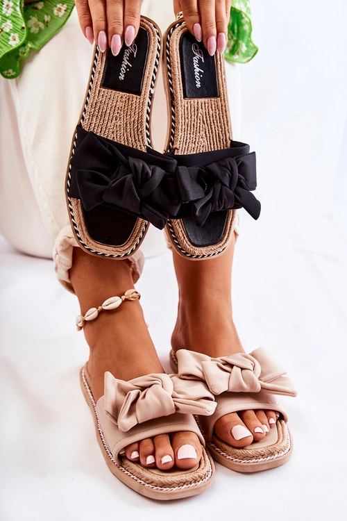 Damskie Klapki Z Materiałową Kokardą Czarne Ginna