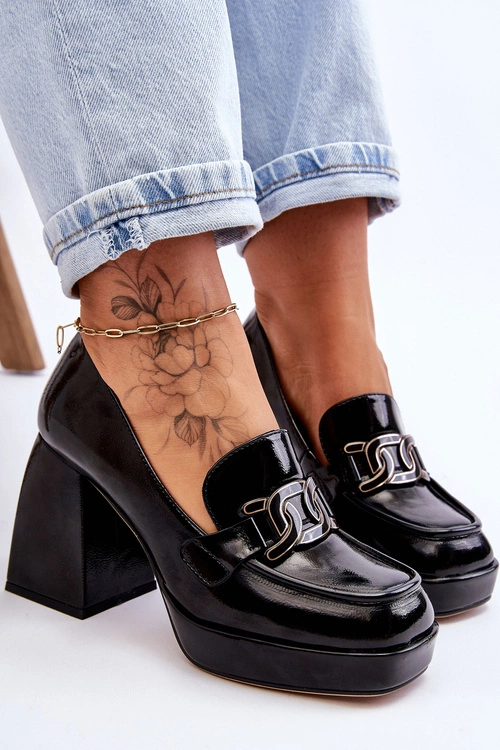 Skórzane Czółenka Na Masywnym Obcasie Czarne Maximo