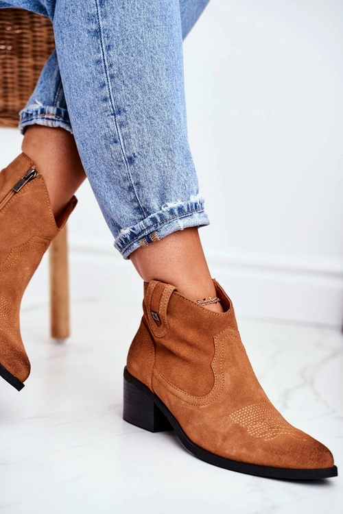 Botki Damskie Na Słupku Skórzane Big Star Camel GG274330