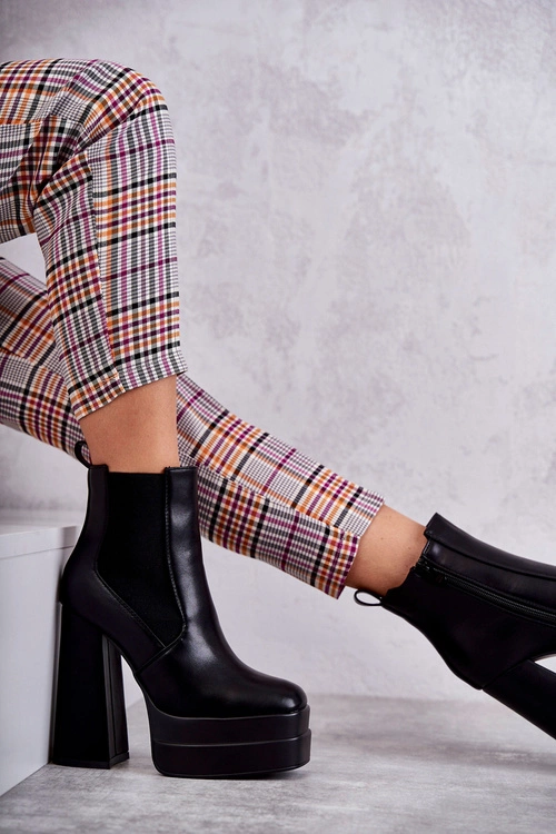 Damskie Skórzane Botki Na Masywnym Obcasie Czarne Jones