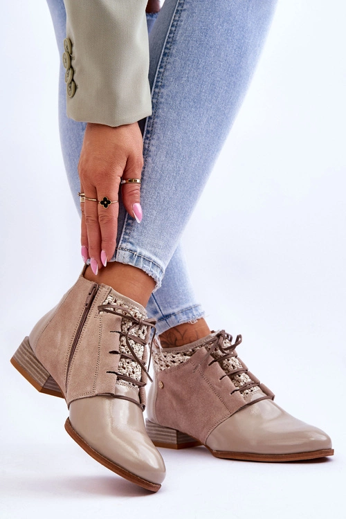 Skórzane Sznurowane Botki Maciejka 05953-04 Beżowe