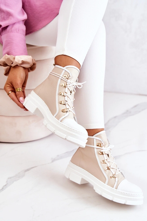 Botki Trapery Skórzane Beżowo-Białe Letty