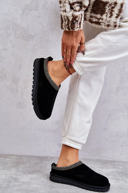 Zamszowe Damskie Papcie Z Futerkiem Czarne Buffie