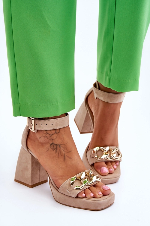 Damskie Zamszowe Sandały Na Masywnym Obcasie Lewski Shoes 3207 Beżowe