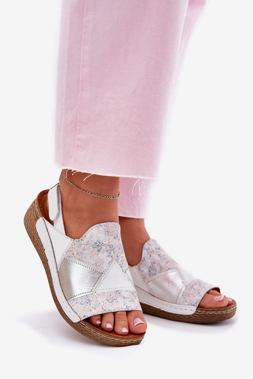 Skórzane Sandały Damskie Na Koturnie Z Plecionką Maciejka L7067-11 Białe