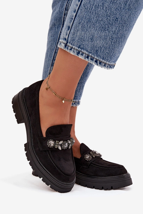 Mokasyny Damskie Z Kryształkami Eko Zamszowe Czarne Lavisse