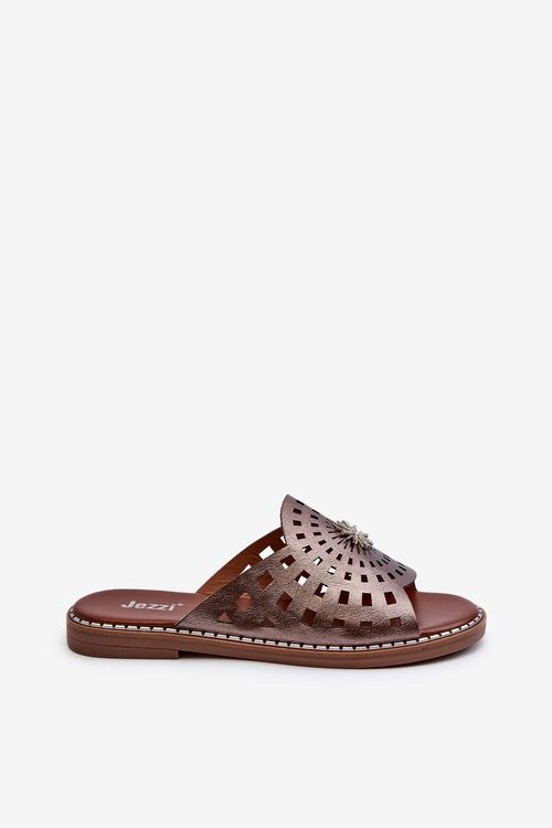 Błyszczące Klapki Damskie Na Płaskim Obcasie Z Ozdobą Miedziane Ebirena