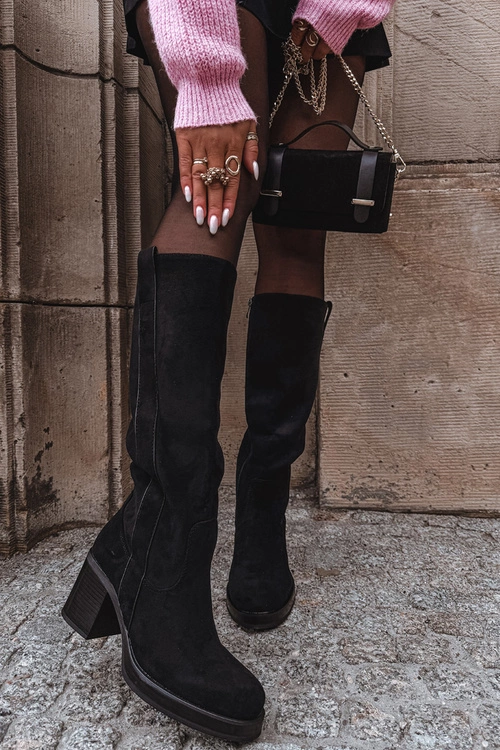 Kozaki Damskie Ocieplane Na Masywnym Słupku Czarne Sanelle