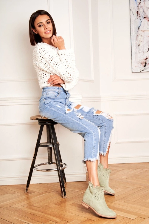 Botki Damskie Płaski Obcas Zamszowe Ażurowe Zielone Raffe