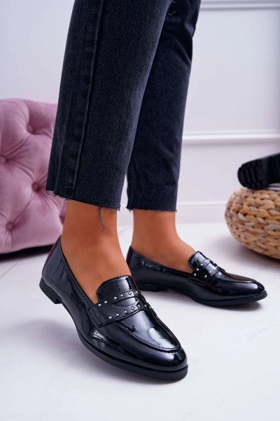 Mokasyny Damskie Lakierowane Loafery Lordsy Czarne Tenes