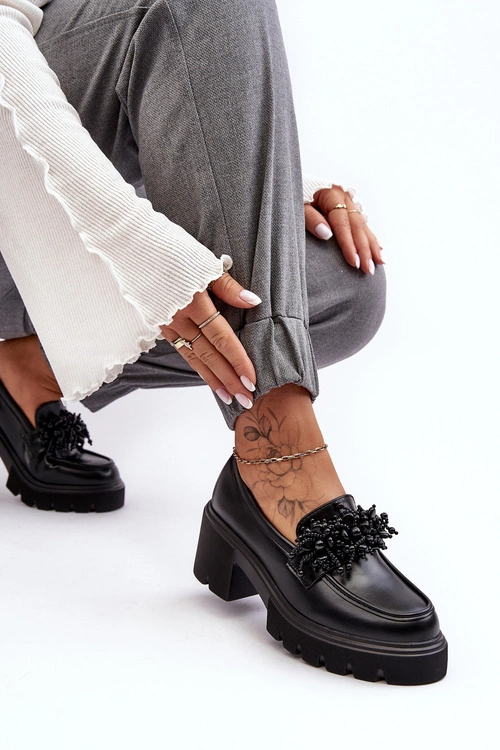 Damskie Skórzane Półbuty Z Ozdobą Czarne Renesma