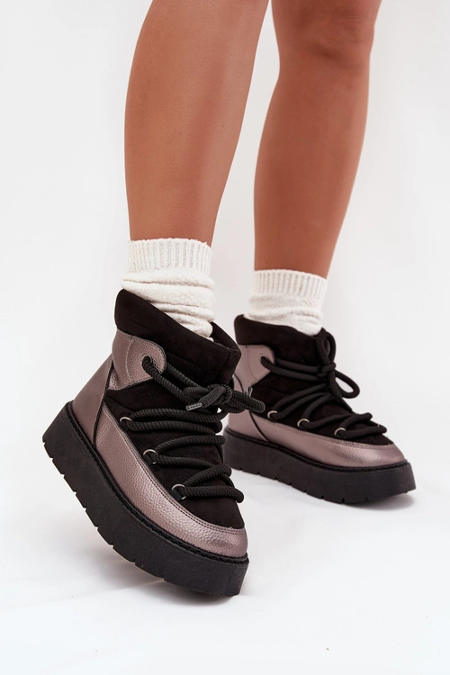 Niskie Śniegowce Damskie Ocieplane Futerkiem Z Grubym Wiązaniem Czarne Xarina