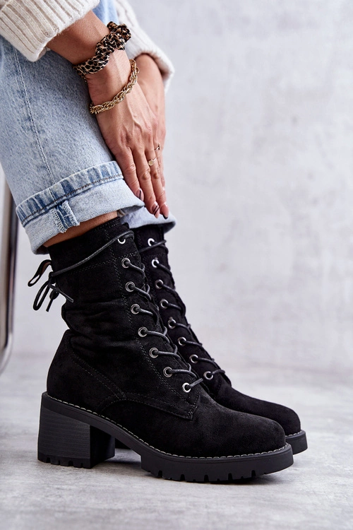 Damskie Ocieplane Botki Trapery Na Obcasie Czarne Julieta