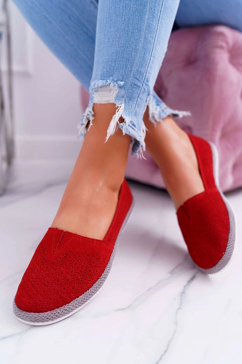 Espadryle Damskie Skóra Zamsz Czerwone Bimbo