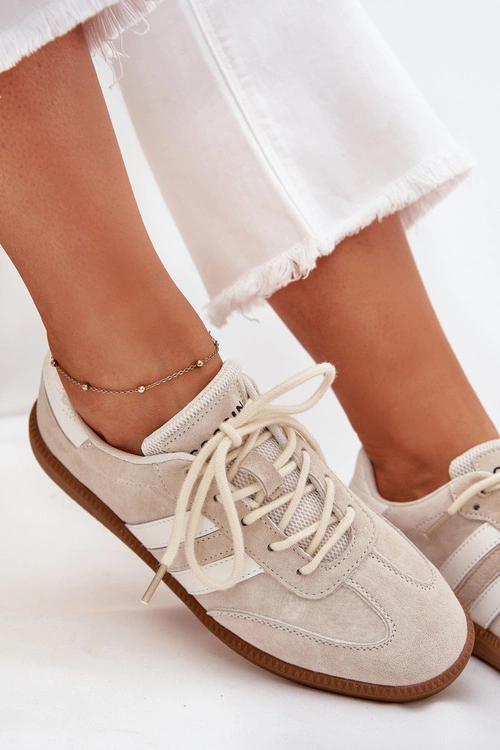 Niskie Skórzane Sneakersy Damskie Beżowe Ismina