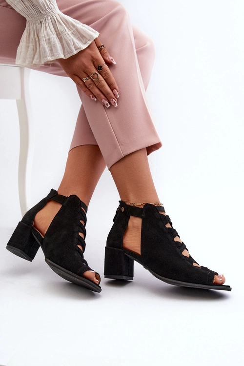 Zamszowe Sandały Damskie Na Obcasie Maciejka 06456-01 Czarne