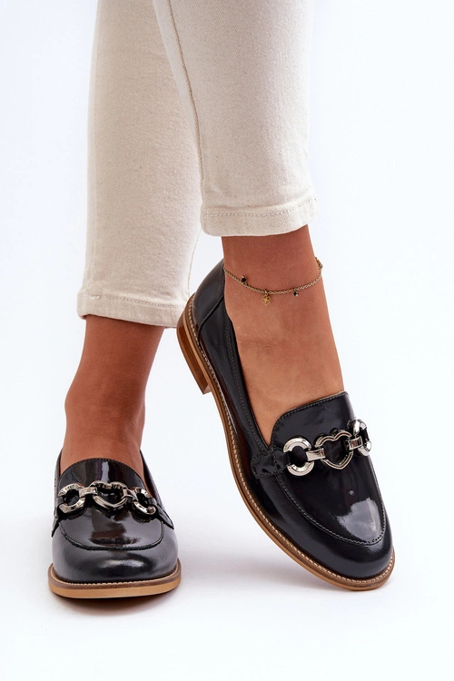 Skórzane Damskie Lakierowane Mokasyny Laura Messi 2760 Granatowe